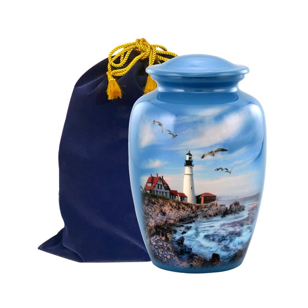 Lighthouse Cremation Urn, Adult Lighthouse Urn, Funeral and Memorial Cremation Urns for Human Ashes up to 200 lbs with Velvet Bag