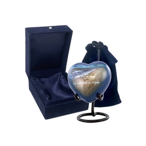 Footprints Heart Urn - Beach Heart Keepsake Urn for Ashes - Mini Memorial Sharing Heart Urn with Display Stand, Velvet Case & Bag