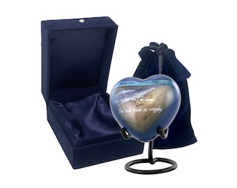 Footprints Heart Urn - Beach Heart Keepsake Urn for Ashes - Mini Memorial Sharing Heart Urn with Display Stand, Velvet Case & Bag