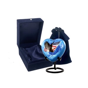 American Flag Heart Urn - Patriotic Heart Keepsake Urn for Ashes - Mini Memorial Sharing Heart Urn with Display Stand, Velvet Case & Bag