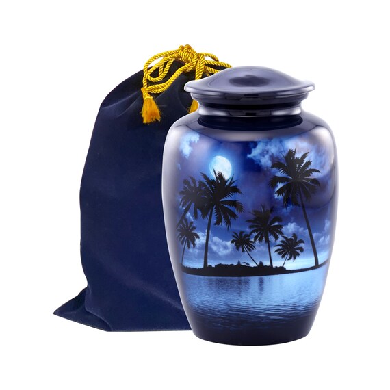 Midnight Beach Urn, Adult Midnight Moon & Palm Trees Urn, Funeral and Memorial Cremation Urns for Human Ashes up to 200 lbs with Velvet Bag