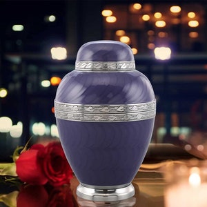 Serenity Purple Urn - Purple Urn with Silver Band - Funeral and Memorial Cremation Urns for Human Ashes up to 200 lbs with Velvet Bag Photos