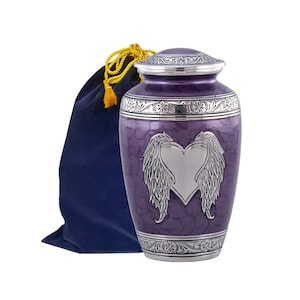 Loving Angel Wings Urn - Purple Angel Wings & Heart Urn - Funeral and Memorial Cremation Urns for Human Ashes up to 200 lbs with Velvet Bag
