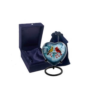Cardinal Heart Urn - Cardinals Couple Heart Keepsake Urn for Ashes - Mini Memorial Sharing Heart Urn with Display Stand, Velvet Case & Bag