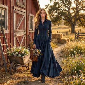 Könnte beinhalten: Ein langärmeliges, marineblaues Maxikleid mit durchgehender Knopfleiste, Kragen und zwei Brusttaschen. Das Kleid hat ein körperbetontes Oberteil und einen weit schwingenden Rock. In einer Hand wird eine braune Ledertasche mit Blumenstrauß gehalten.