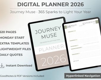 2026 Digital Planner | Hyperlinked PDF & GoodNotes | Monday Start Daily, Weekly, Monthly (PDF and GoodNotes) | Journey Muse Planner 2026