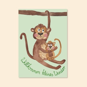 Postkarte "Affe mit Kind" A6 Aquarell Karte Taufe Geburt Glückwunschkarte Glückwünsche