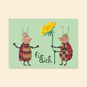 Postkarte "Marienkäfer-Pärchen mit Löwenzahn - Für Dich"  A6 Aquarell Karte Geburtstagskarte Liebe Glückwunschkarte Glückwünsche