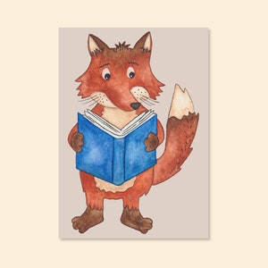 Postkarte "Fuchs mit Buch" A6 Aquarell Karte Geburtstag Dankeskarte