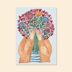 Postkarte "Blumenstrauß mit Herzen" A6 Aquarell Karte Geburtstag Dankeskarte
