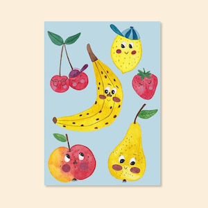 Postkarte "Obstsalat - Kirsche, Banane, Zitrone, Erdbeere, Apfel, Birne" A6 Aquarell Karte Geburtstagskarte Glückwunschkarte Glückwünsche