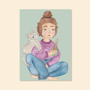 Postkarte "Kaffee mit Katze" A6 Aquarell Karte Geburtstag Dankeskarte