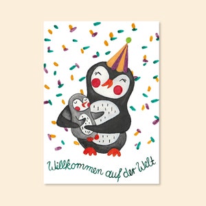 Postkarte "Pinguin Geburt Taufe - Willkommen auf der Welt" A6 Aquarell Karte Geburtstagskarte Glückwunschkarte Glückwünsche