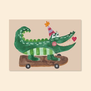Postkarte "Krokodil - Party"  A6 Aquarell Karte Einladungskarte Glückwunsch