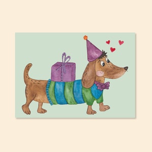 Postkarte "Hund Dackel mit Geschenk - Geburtstag - Danke - Freundschaft" A6 Aquarell Karte Geburtstagskarte Glückwunsch