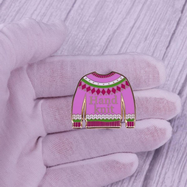 Pink hand knitted sweater brooch Beautiful woven art badge