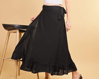 Ruffle Wrap Skirts, Wrap Ruffle Skirt, Cotton Linen Wrap Skirt, Wrap Around Skirts, Tie Waist Skirt, Black Wrap Skirt, Skirts.