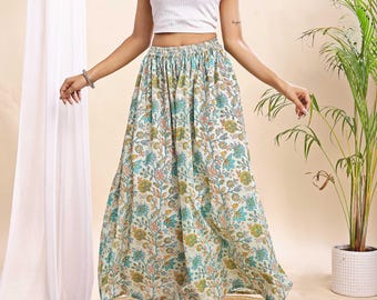 Gathered Skirt, Cotton Skirts for Women, Maxi Skirt for Women, Pista Green Skirts, Woman Skirts, Floral Skirts, A Line Skirt, Ladies Skirts.