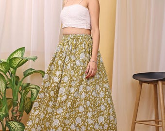 Green Skirts, Gathered Skirt, Cotton Skirt, Floral Skirts, A Line Skirt, Woman Skirts, Skirts for Women, Maxi Skirt for Women, Long Skirts.