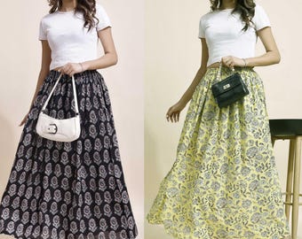 Women Skirts, Gathered Skirt, Cotton Skirt for Women, Floral Skirt, Maxi Skirt for Women, Ladies Skirt, Skirt Black, A Line Skirt Set of 02.