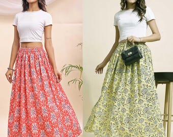 Women Skirts, Gathered Skirt, Cotton Skirt for Women, Floral Skirts, Maxi Skirt for Women, A Line Skirt, Ladies Skirt, Long Skirt Set of 02.