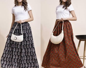 Gathered Skirt, Women Skirts, Cotton Skirt for Women, Floral Skirt, Maxi Skirt for Women, Ladies Skirt, Skirt Black, A Line Skirt Set of 02.