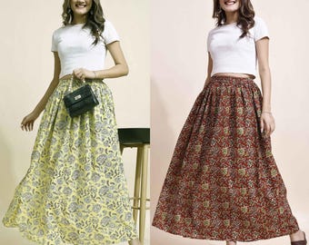 Maxi Skirt for Women, Cotton Skirt for Women, Floral Skirts, A Line Skirt, Gathered Skirt, Ladies Skirt, Long Skirt, Women Skirt Set of 02.