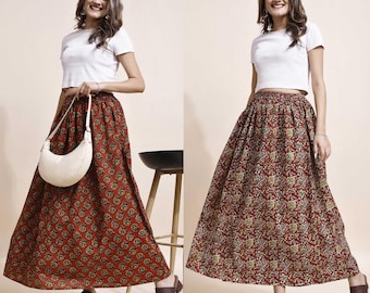 Gathered Skirt, Women Skirts, Cotton Skirt for Women, Floral Skirts, Maxi Skirt for Women, A Line Skirt, Ladies Skirt, Long Skirt Set of 02.