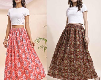 A Line Skirt, Cotton Skirt for Women, Women Skirt, Gathered Skirt, Floral Skirts, Maxi Skirt for Women, Ladies Skirts, Long Skirt Set of 02.