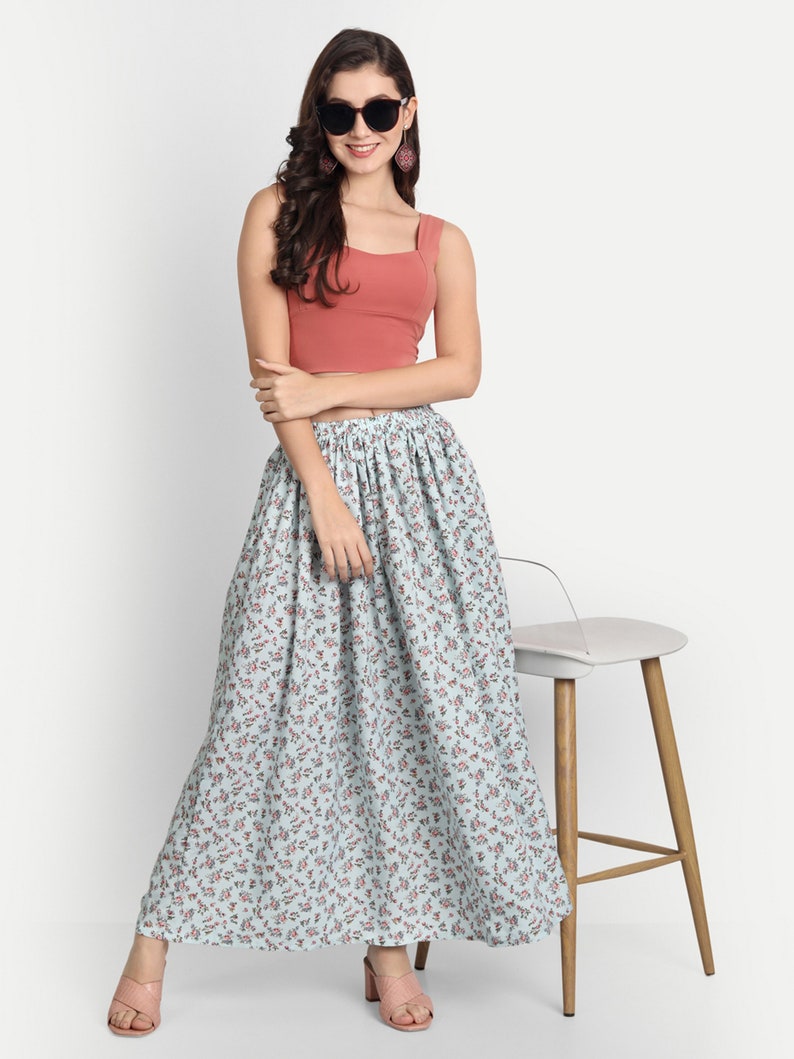 Flowy Skirt, Floral Skirts, Skirts for Women, Maxi Skirts for Women, Long Skirts, Ladies Skirts, Women Skirt, Tiered Skirt, Modern Skirt. Light Blue