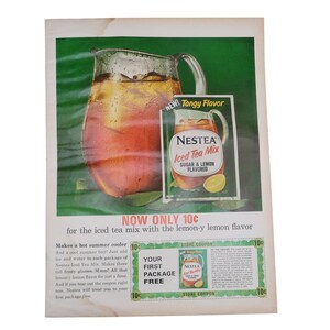May include: A vintage advertisement for Nestea Iced Tea Mix featuring a glass pitcher filled with amber iced tea and ice cubes. The ad includes a product packet, the text "NOW ONLY 10¢", and a store coupon offering the first package free.