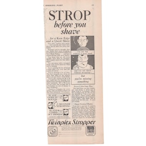 May include: A vintage black and white print advertisement for the Twinplex Stropper. The text reads STROP before you shave, featuring illustrations of a person shaving, diagrams of blade stropping, and promotional copy for the device.