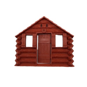 Può includere: Una casetta di legno di plastica rossa con una porta e due finestre. La casetta ha un ferro di cavallo sopra la porta.