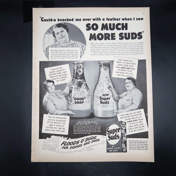 Super Suds Soap Advertisement 1940s Cleaning Laundry Dish Washing