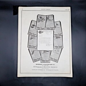 May include: A vintage advertisement from the 1920s for Yellow Strand Wire Rope, featuring multiple small ads arranged around a central document. The ads showcase various applications of the rope, with the text "Yellow Strand WIRE ROPE" prominently displayed.