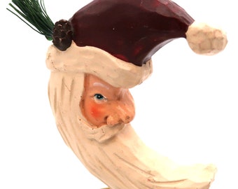 Carved Faux Wood Crescent Moon Santa Ornament Resin Vintage Holiday Decor
