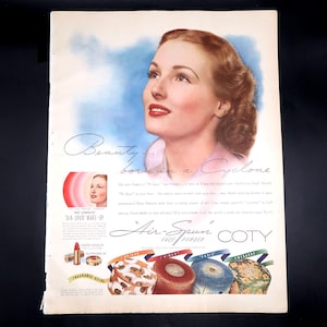 Coty Air Spun Face Powder Advertisement 1940 Vintage Cosmetics Makeup Midcentury