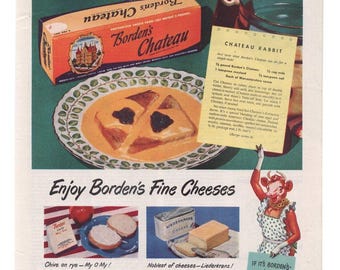 Vintage Original Bordens Cheese Magazine Advertisement 1950s Recipe Elsie Cow