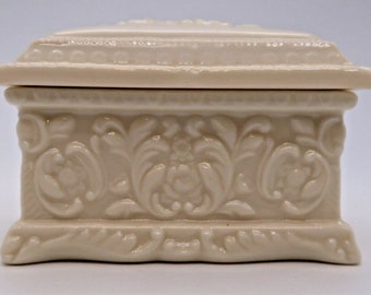 Vintage Bisque Trinket Box Porcelain Lidded Ivory Small Roses Floral