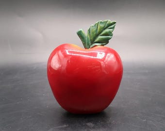 Vintage Apple Wall Plaque Decor Small Painted Cold Cast Porcelain Cottage Core