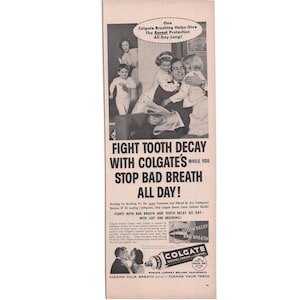 May include: A vintage black and white Colgate toothpaste advert. The image shows a family embracing, with text promoting Colgate's ability to fight tooth decay and bad breath. The ad includes the Colgate Dental Cream tube.