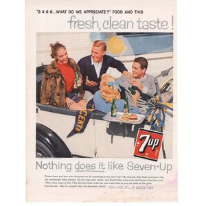 May include: Vintage advertisement featuring a group of young people enjoying 7-Up. The ad includes the text "fresh, clean taste!" and "Nothing does it like Seven-Up." The image shows bottles of 7-Up, a hamburger, and a banner that says "CENTER."