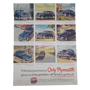 Peut inclure: Annonce publicitaire vintage pour les voitures Plymouth. L'annonce présente neuf images d'une voiture bleu foncé, soulignant des caractéristiques telles que les freins hydrauliques et la lubrification du moteur. Le texte comprend "Only Plymouth".