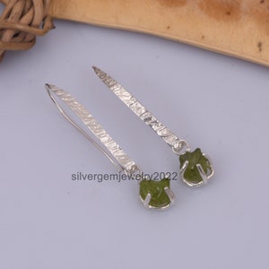 Peridot Dangle Summer Jewelry , 925 Sterling Silver Earrings , Texture Raw Crystal Earrings , Gemstone Statement Earrings , Gift For Her.