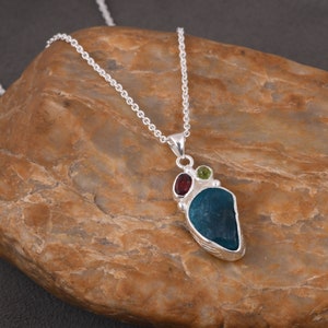 Raw Neon Apatite , Garnet , Peridot Gemstone Necklace - 925 Sterling Silver Necklace - Three Birthstone Necklace - Gift For Engagement.