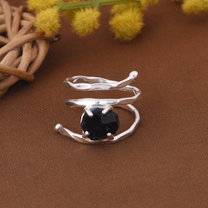 Stackable Black Obsidian Ring , Handmade Triple Band Ring , Rough Prong Set Ring , Obsidian Gemstone Ring , 925 Silver Ring , Gift For Her.