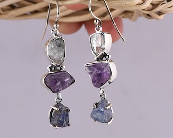 Natural Herkimer, Amethyst & Tanzanite Gemstone Earrings- Three Rough Stone Dangle Earrings-  Silver 925 Handmade Earrings Gift For Friend.