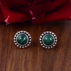 Malachite Stud Earrings / 925 Sterling Silver Vintage Earrings / Green Gemstone Ear Studs / Handmade Gift For Her / Boho Jewelry For Women.