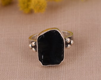 Art Deco Black Obsidian Ring - 925 Solid Silver Ring - Raw Gemstone Statement Ring - Obsidian Handmade Ring - Unique Gift For Best Friend.