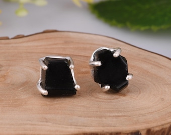 Pendientes de obsidiana negra - Pendientes de plata de ley 925 - Pendientes de obsidiana negra cruda - Pendientes de piedras preciosas minimalistas - Regalo para niñas.